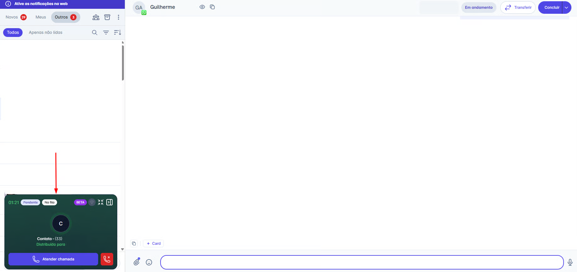 Widget de chamada de voz integrado na tela de atendimento do Front CRM