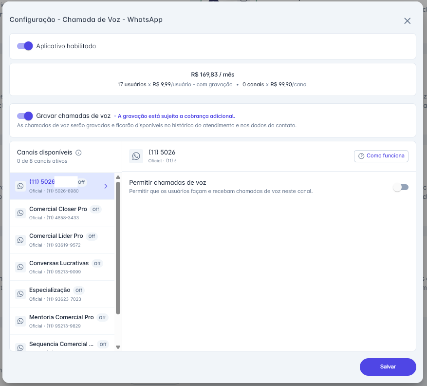 Tela de Configuração de Chamada de Voz por Canal no Front CRM
