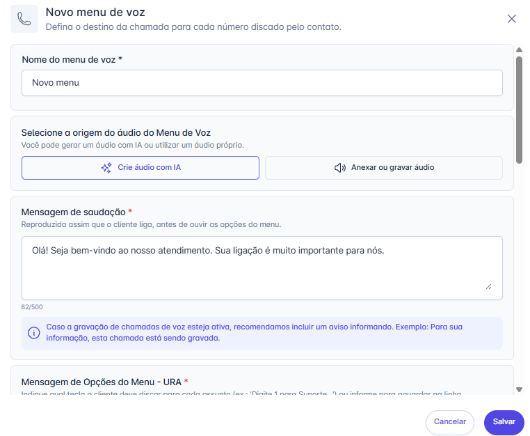 Criação de Menu de Voz e URA com Inteligência Artificial no Front CRM