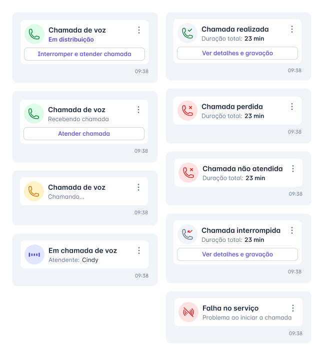 Cards visuais de status de chamadas de voz no Front CRM