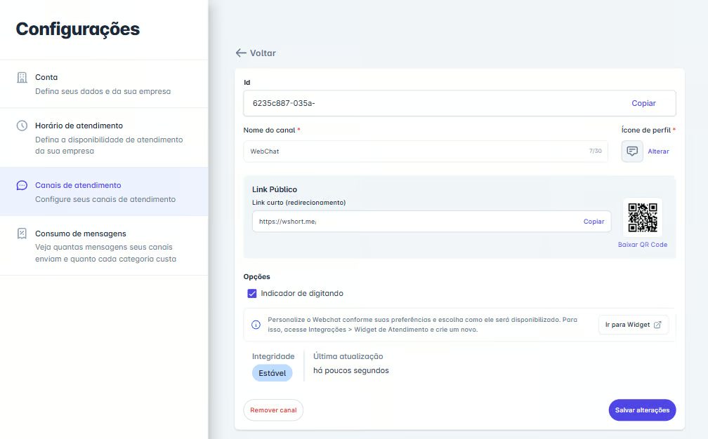 Configurações do canal WebChat