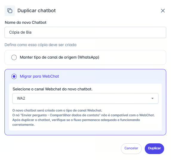 Duplicar chatbot para WebChat