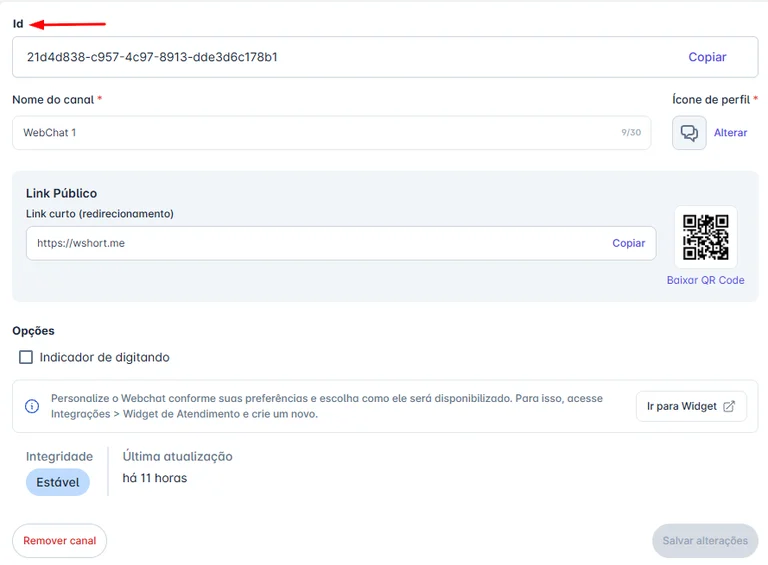 ID do canal WebChat para envio de mensagens via API