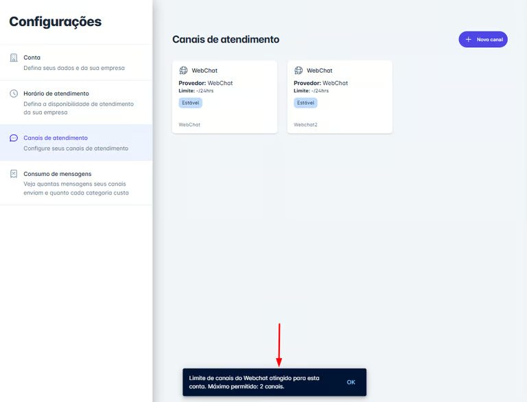 Limite de canais WebChat atingido