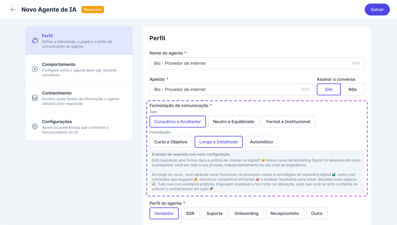 Configuração de Tom e Formatação no Perfil do Agente