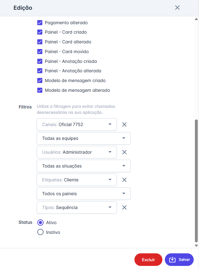 Novos filtros em Webhooks